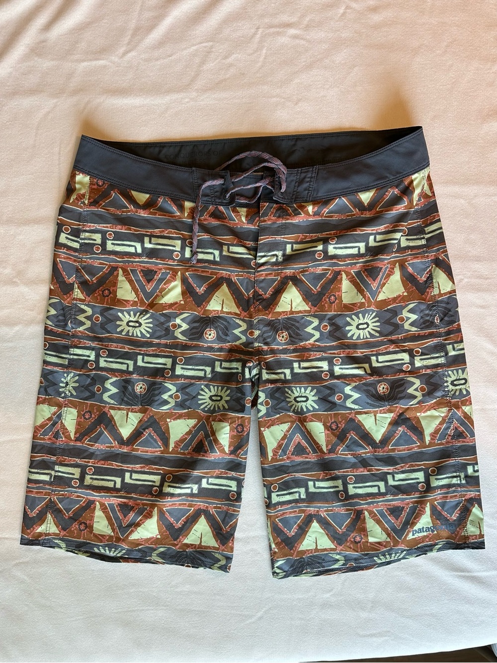 Patagonia Men's Tribal Geometric Swim Shorts in Green, Black & Brown